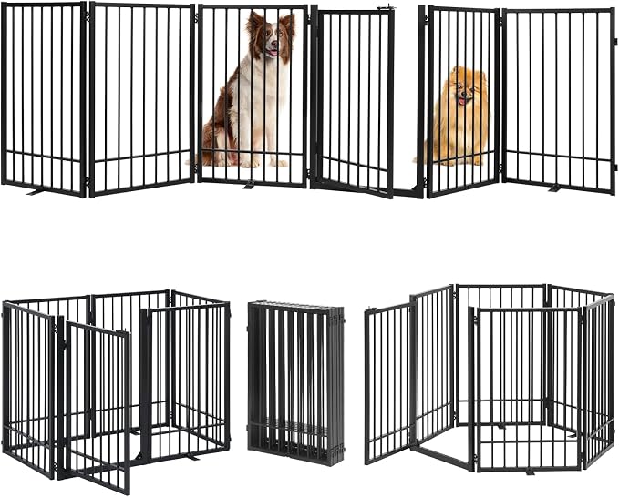 Metal Freestanding Dog Gate with Door, Extra Wide 121", 31" Height Foldable Dog Gates for Doorways, Tall Pet Fence Indoor Pet Gates, 6 Panels Pet Barrier for Stairs Hallways, Black