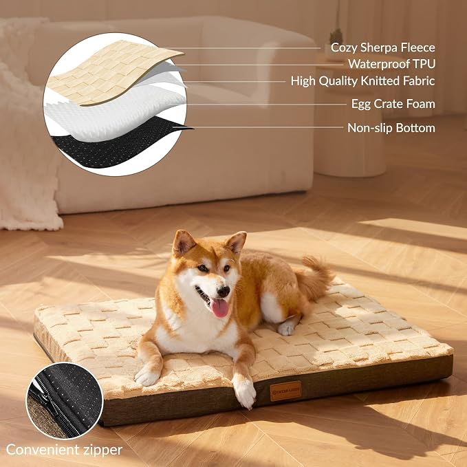 Patas Lague Orthopedic Large Dog Bed Washable Pet Crate Mat 48''X30'' Camel | Egg-Crate Foam Dog Couch For Large Sized Dogs, Waterproof Removable Cover, Soft Pet Bed With Nonskid Bottom