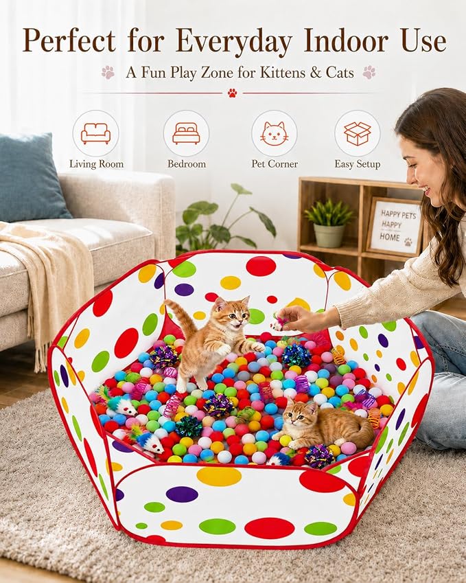 Cat Ball Pit with 227 Pcs Interactive Cat Toys, Enrichment Toys for Bored Indoor Cats Self Play, Include Pom Pom Balls Jingle and Crinkle Balls, Springs and Mice Toy for Kitten Fun and Exercise