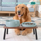 SPUNKYJUNKY Ceramic Elevated Dog Bowls with Slow Feeder Raised Acacia Bamboo Wooden Stand, 8.3'' Dog Food Water Bowls Set Non-Slip for Medium Large Sized Breed Microwave Dishwasher Safe - Light Green