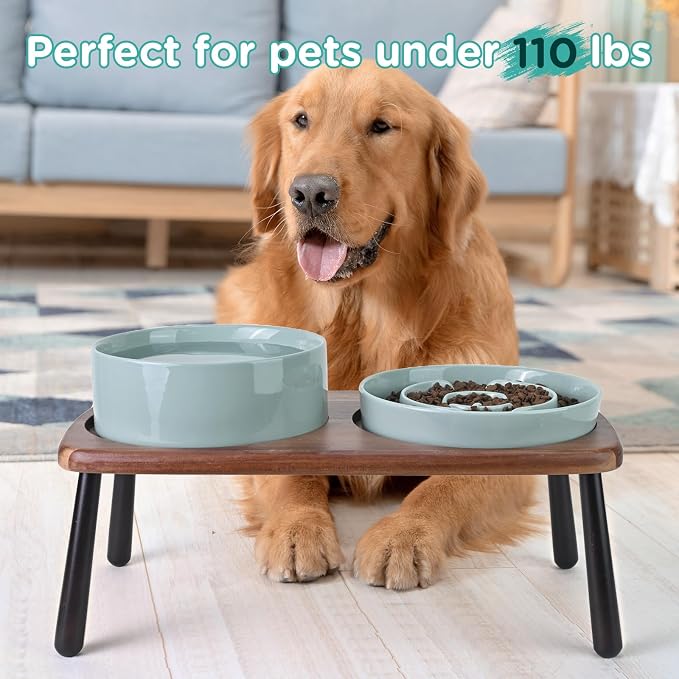 SPUNKYJUNKY Ceramic Elevated Dog Bowls with Slow Feeder Raised Acacia Bamboo Wooden Stand, 8.3'' Dog Food Water Bowls Set Non-Slip for Medium Large Sized Breed Microwave Dishwasher Safe - Light Green