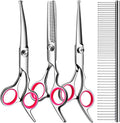 TINMARDA Dog Grooming Kit, Professional Stainless Steel Dog Grooming Scissors with Curved Shears, Pink Finger Rings - 4 Piece Sharp Durable Pet Shears for Dogs Cats At Home Salon-Quality Grooming