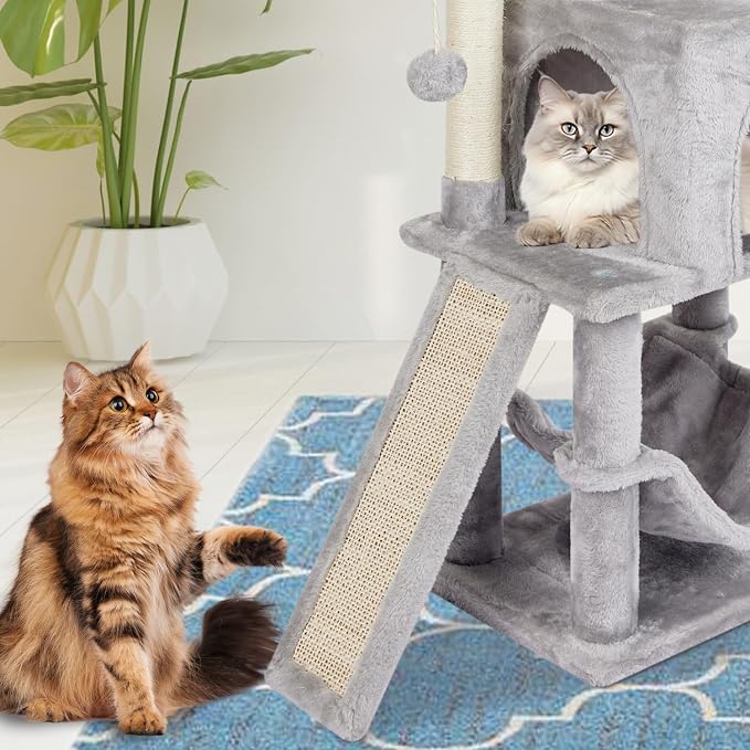 Cut Cat Tree Cat Tower Condo with Hammock Kittens Scratching Post Grey | MIAO PAW Cat Bed For Indoor Modern Activity Tree for Small Cat with Board Hanging Ball Play House