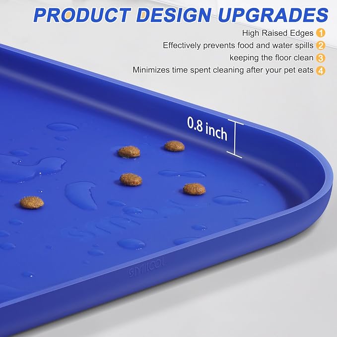 SMILOOL Silicone Pet Food Mat with Raised Edge for Food and Water Bowl, Dog Feeding Mats, Cat Food Trays for Floor Waterproof, Rubber Tray for Dogs and Cats, 22 x 14 x 0.8 Navy Blue