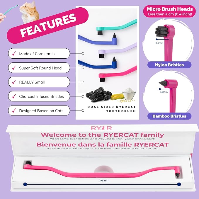 Flamingo Dual Sided Cat Toothbrush - Micro Head ToothBrush to fit into Cat's Mouth - Cat Dental Supplies | Cat toothbrush made from cornstarch plastic with micro head, soft bristles, and molar pick for cats and kittens