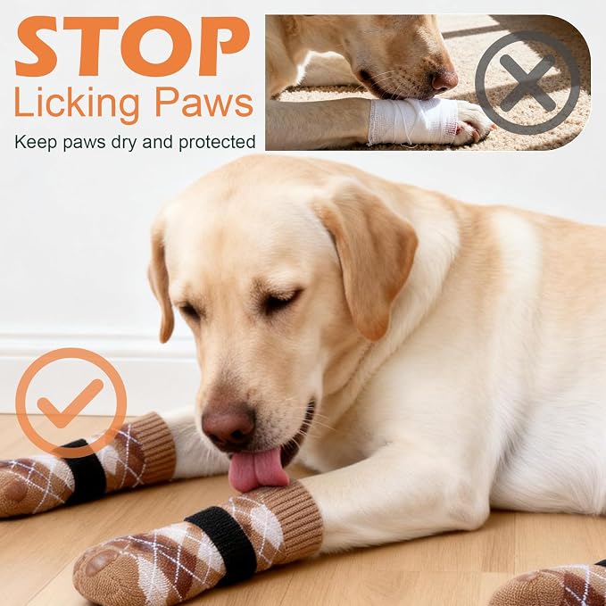 EXPAWLORER Dog Socks to Prevent Licking Paws,Anti Slip Dog Shoes for Hot Pavement,Dog Booties for Hardwood Floors,Dogs Boots & Paw Protectors for Small Medium Large Senior Dogs,British Style,Khaki XS