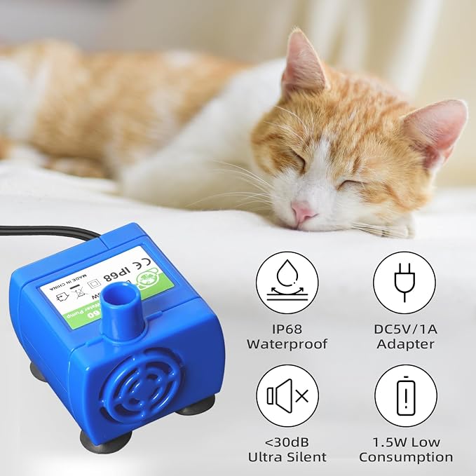 Cat Water Fountain Pump Replacement(No Led & with Brush)， DR-DC 160 | IP68 Submersible Water Motor For Stainless Steel & Ceramic Cat Water Fountain, Ultra Quiet Blue Pet Fountain Pump, Easy Clean