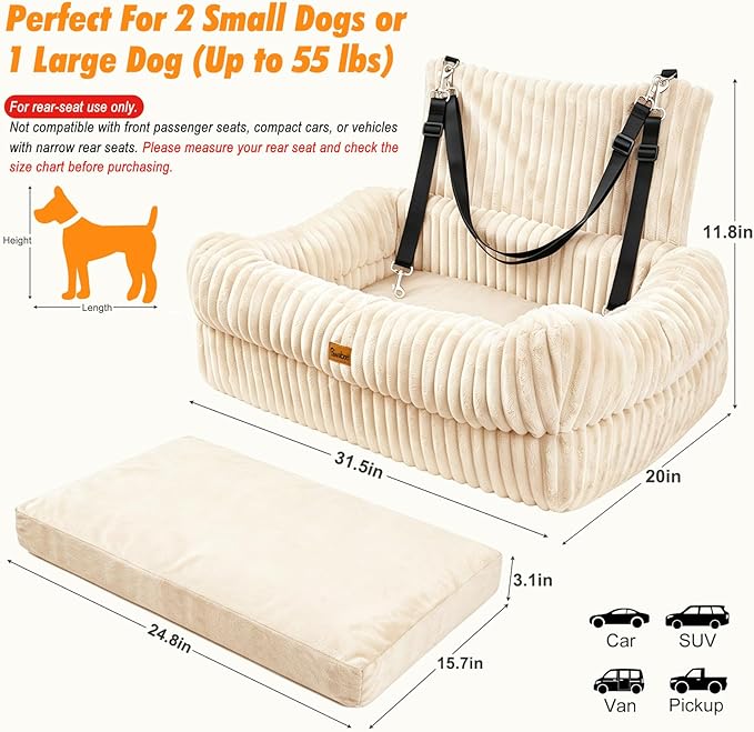 Pawaboo Dog Car Seat Bed, Memory Foam Booster for Medium/Large Dogs, Beige | Rear-seat pet travel bed with washable cover, safety leashes, thick cushion, and room for 2 small dogs