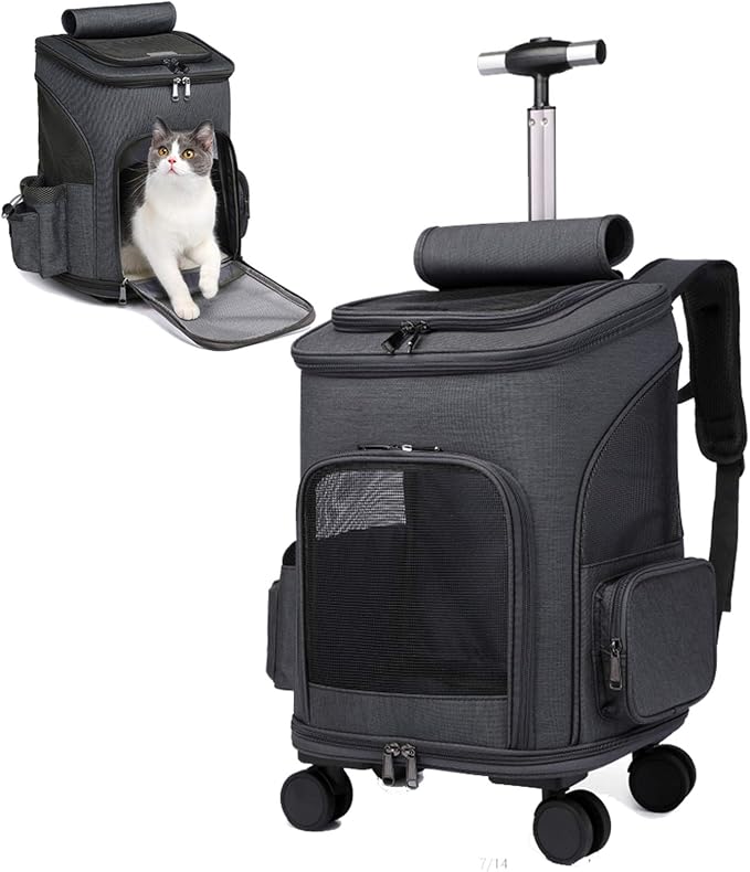 Wheeled Pet Carrier Backpack Pet Stroller, Travel Carrier, Car Seat for Small Dogs Cats Puppies, Comfort Cat Backpack Removable Rolling Wheels – Mesh Ventilation Windows (Black)