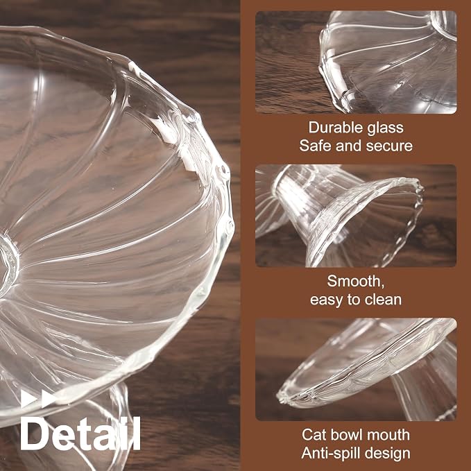 Elevated Cat Bowls Whisker Friendly. Raised Glass Whisker Fatigue Cat Bowl for Indoor Cats Protect The Spine and Prevent Vomiting.