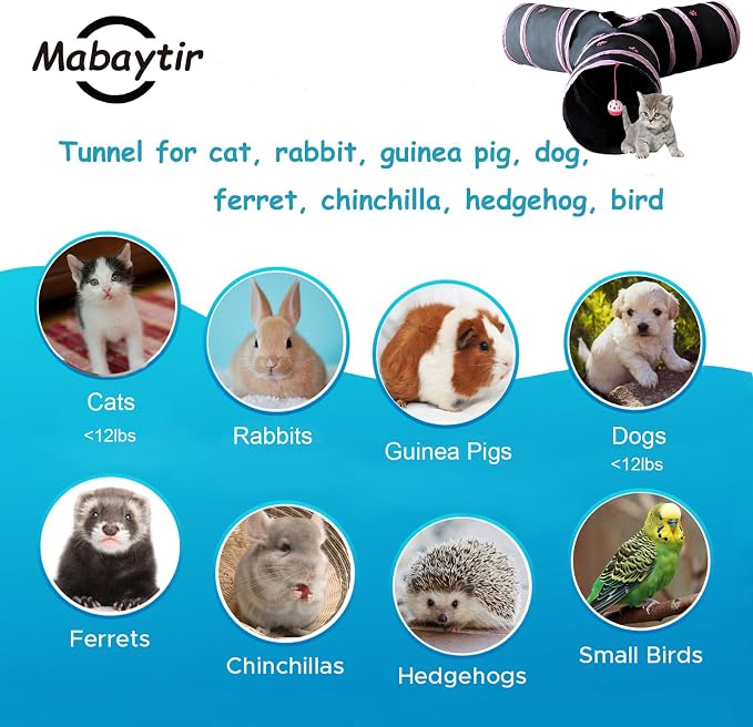 3-Way Collapsible Cat Tunnel Tube Toy Black Pink Paws | Interactive Play Tunnel by Hanging Ball & Peek Hole for Indoor Cats, Kittens, Puppies, Rabbits, Hours of Fun & Exercise
