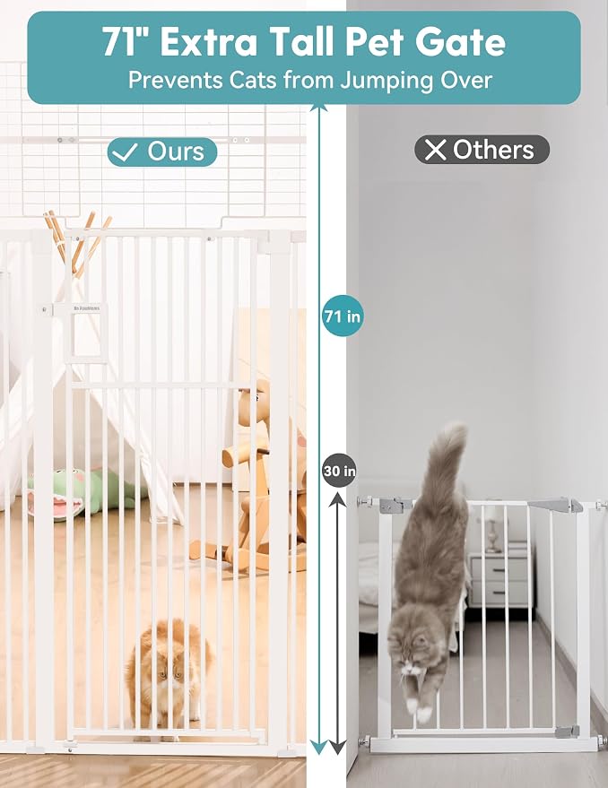 No Pawblems 71" Extra Tall Pet Gate, 29"-43" Wide Pressure Mounted, White | 1.37" Ultra Narrow Spacing, Auto-Close Tall Cat Gate for Doorway, Dual-Lock, One-handed Operation