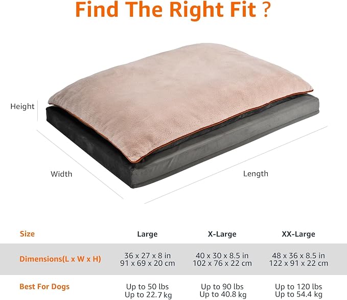 Amazon Basics Washable Dog Bed with Cooling Gel Memory Foam, Pressure-Relief Support for Dogs up to 120lbs, Non-Slip Bottom, Removable Cover, Giant Sized (48" x 36"), Grey