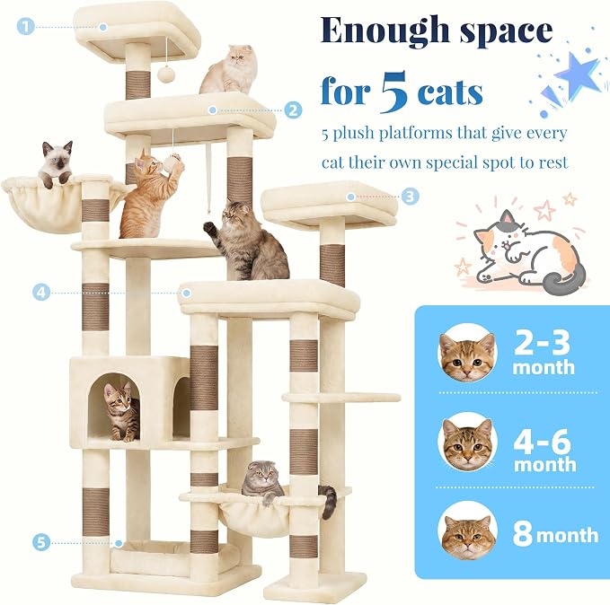 Hey-brother Cat Tree Tower, Wide Base, 5 Platforms for Multi-Cats, MPJ074MJ | 72.8 Inches Tall Furniture, 5 Plush Beds, Large Condo, Big Hammocks, Sisal Scratching Posts, for Indoor Adult Cat Beige Brown