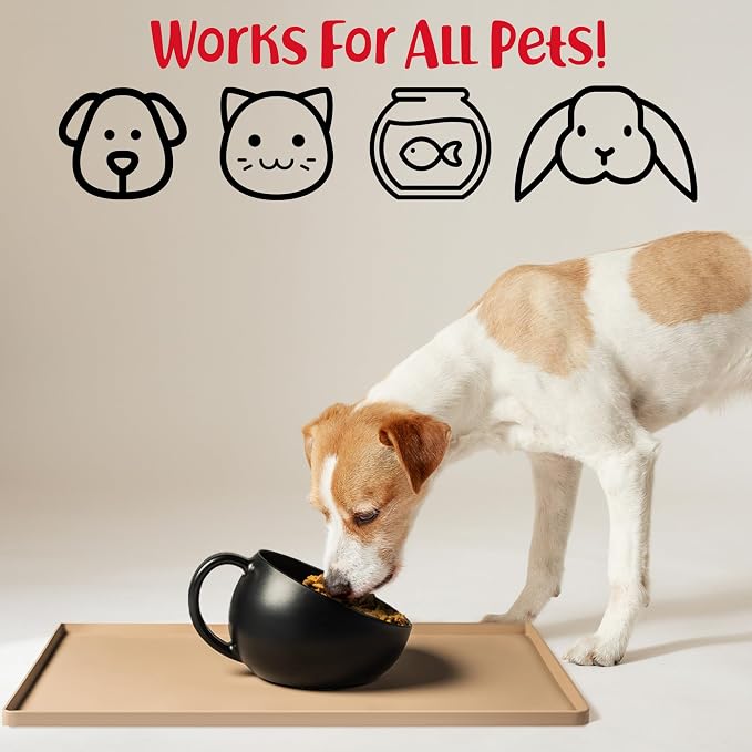 DogBuddy Dog Food Mat – Waterproof Dog Bowl Mat for Food and Water, Silicone Pet Feeding Mats for Floors, Non-Slip Placemat with High Edges for Dogs Bowls, Puppy Essentials (Large: 24"x16", Taupe)
