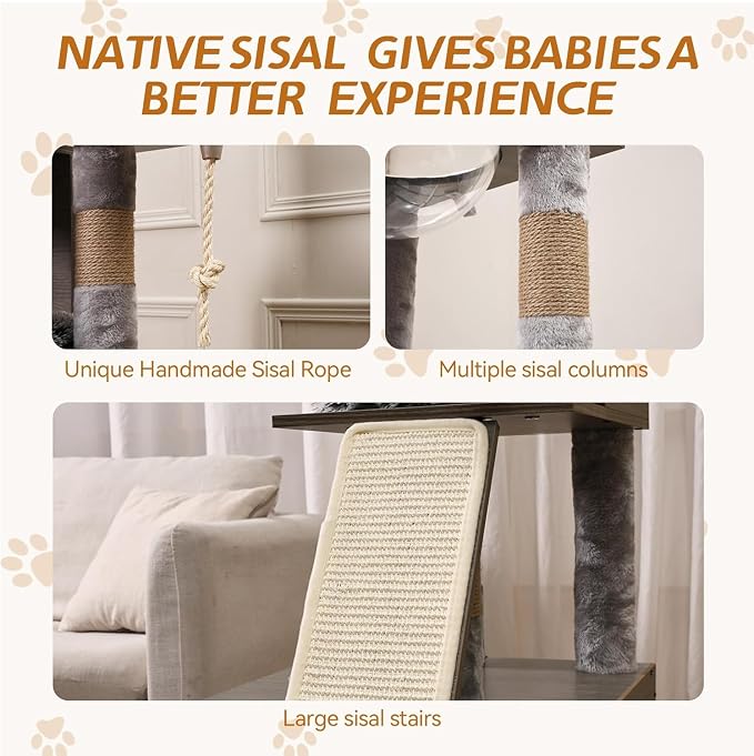 Garvee Cat Litter Box Enclosure with Cat Tree Tower and Condo, Hidden Cat Washroom Furniture with Sisal Scratching Post and Soft Plush Perch, Wooden Cat Furniture with Multiple Platforms
