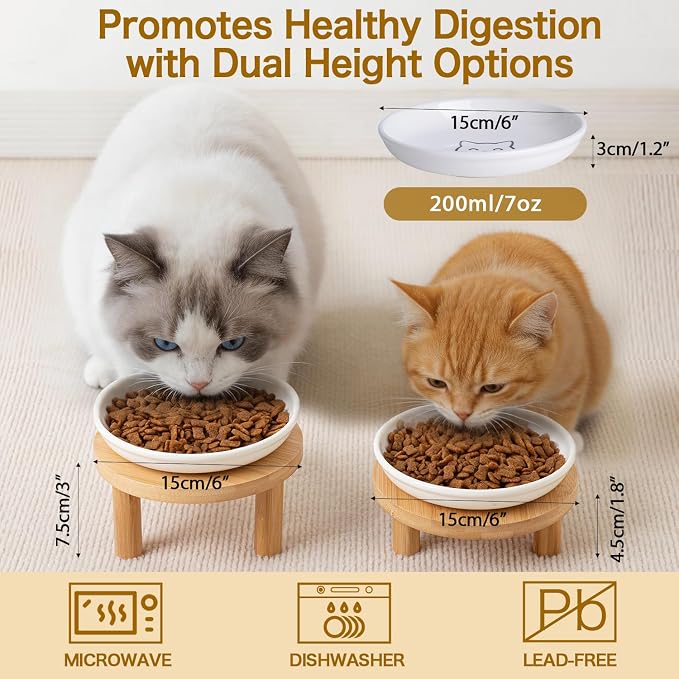 6 Inch Shallow Ceramic Elevated Cat Bowl, Whisker-Friendly Raised Flat Cat Food Plate Feeding Station with Bamboo Stand for Indoor Cats and Kittens (Set of 2, 1.8" & 3" Stand, White)
