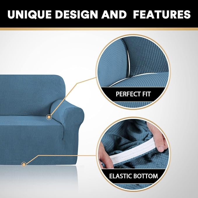 Stretch Sofa Cover Slipcover Couch Covers for 3 Cushion Couch Furniture Protector Sofa Covers with Non Slip Elastic Bottom Dogs Pet Friendly Fitted(Large Sofa 90"-100",Dusty Blue)