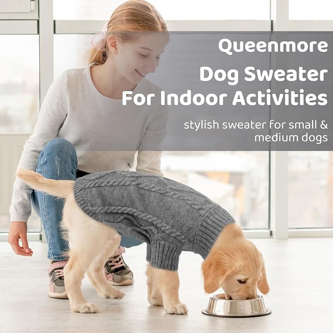 Queenmore Small Dog Pullover Sweater, Cold Weather Cable Knitwear, Classic Turtleneck Thick Warm Clothes for Chihuahua, Bulldog, Dachshund, Pug (Slate Grey, Large)