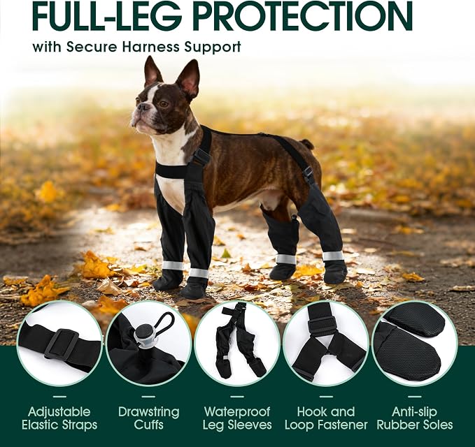 Waterproof Dog Suspender Boots, Black, M | Reflective, Anti-Slip, Adjustable Straps for Small Medium Large Dogs, Stay-On Paw Protector Leggings