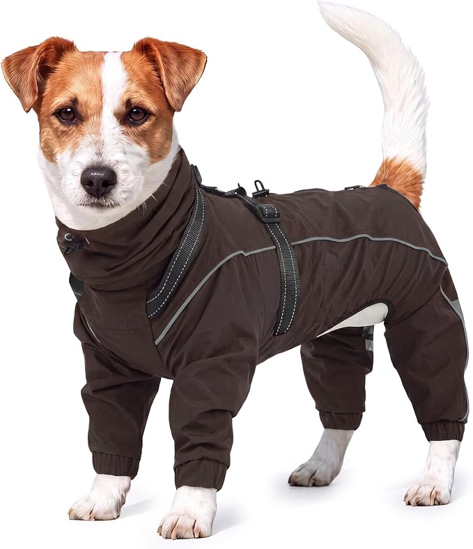 Kuoser Waterproof Hooded Dog Raincoat, Full Body Coverage, Brown M | Heavy-duty waterproof material blocks rain thoroughly, Ergonomic fit for free movement, Built-in Harness, reflective strips