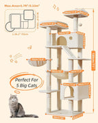 Taoqimiao Cat Tree, 71 in Extra Large Cat Tower for Inddor Cats, MS026LM | 2 Large Cat Condos, 2 Cute Perches, Metal Frame Cozy Hammock, Durable Scratch Board, 8 Natural Sisal Posts, Basket, Beige