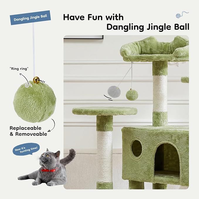 DUMOS 54-inch Indoor Cat Tree Tower with Scratching Posts, Green | Multi-Level Pet House for Large Cats with 2 Condos, Round Platform, Small Ladder, and Toys