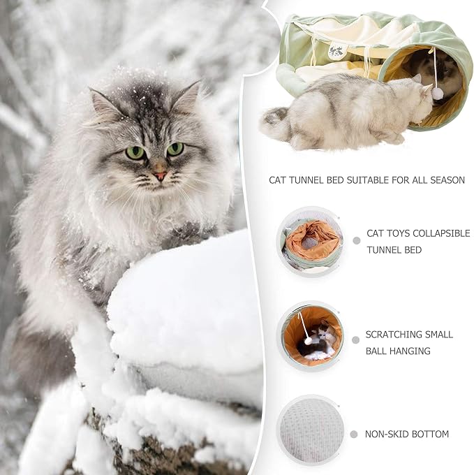 Cat Tunnel Bed, 2-in-1 Collapsible Cat Tunnel Tubes Toys with Removable Mat for Pet Cats Kittens Puppies Rabbits Bunnies Ferrets (Matcha)