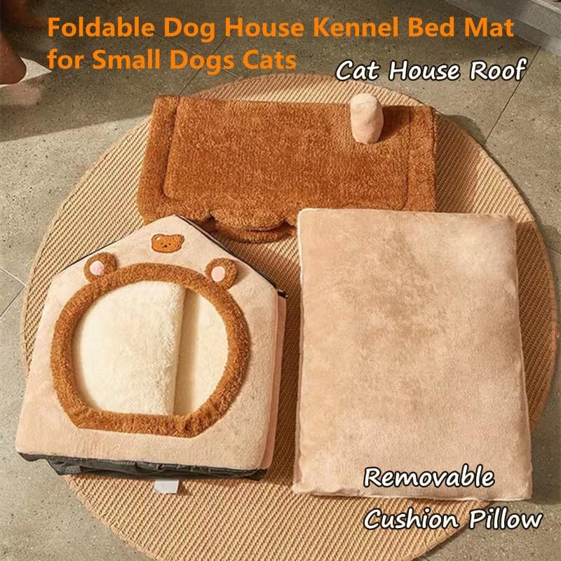 Cat Beds for Indoor Cats Small Dog,Cute Bear Cat Bed Cave Cat House, L - Image 7