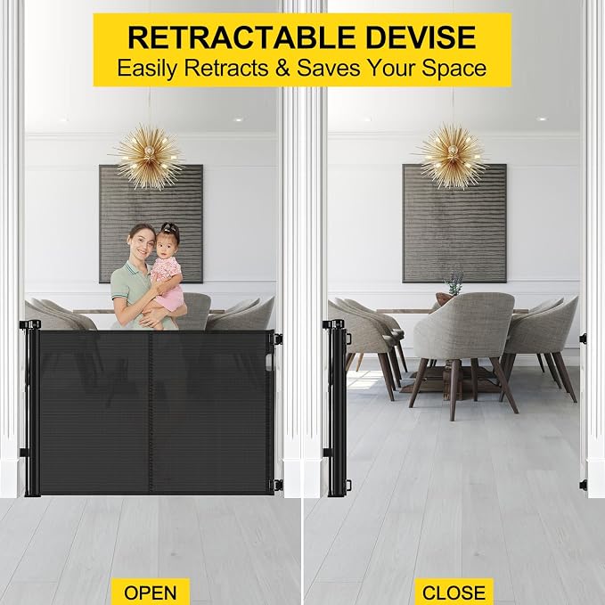 Reinforced 42” Extra Tall Retractable Baby Gates with Rods, Extends up to 60” Wide, Tall Retractable Dog Gate for Doorways Prevent Crawling Through Mesh Pet Gate Indoor Outdoor, Black