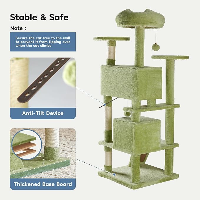 DUMOS 54-inch Indoor Cat Tree Tower with Scratching Posts, Green | Multi-Level Pet House for Large Cats with 2 Condos, Round Platform, Small Ladder, and Toys