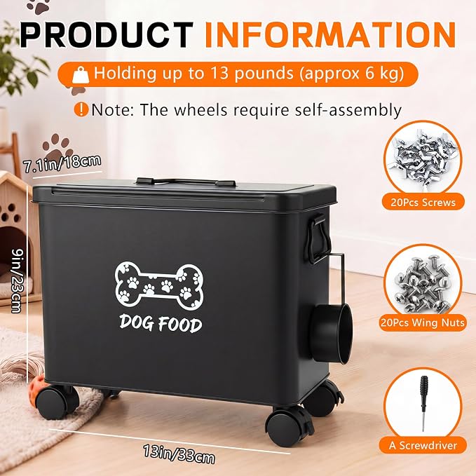 Dog Food Container 13 lb Cute Airtight Food Storage Containers with Metal Lid Scoop Black Metal Storage Bin for Dog Cat with Wheels