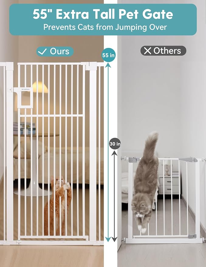 No Pawblems 55" Extra Tall Pet Gate, 29"-43" Wide Dog Gate Indoor, White | NO Drilling Pressure Mounted, One-handed Operation, 1.37" Pet-Safe Gap, Auto Close Cat Gate for Doorway Hallway, Dual-Lock