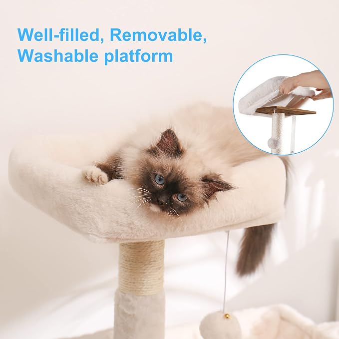 Hey-brother Cat Tree Tower, Litter Box Enclosure, Food Station, MPJ100SG | 47.24 Inches Wooden All-in-one Cat House, Large Hammock, Bed, Scratching Posts, Modern Style for Indoor Cats, Rustic Gray