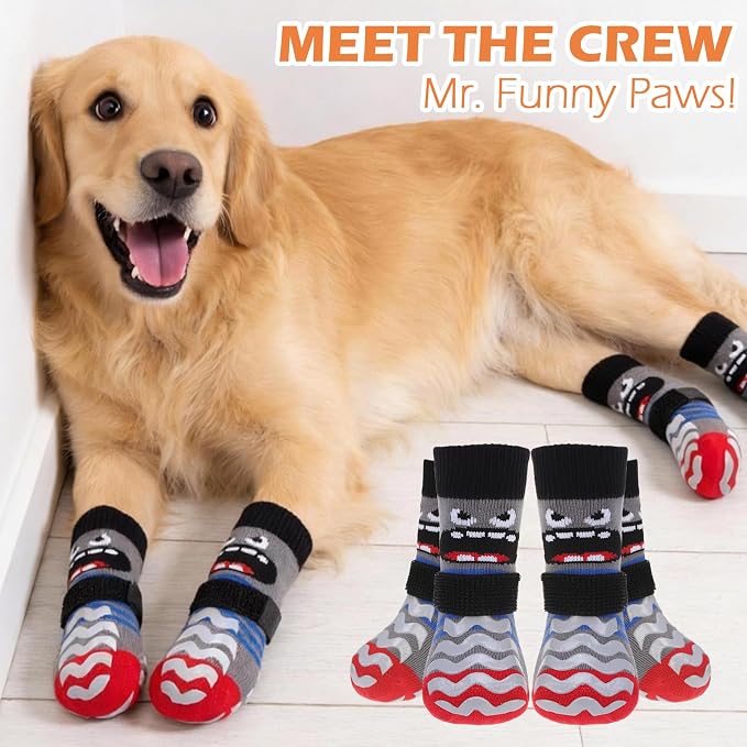 EXPAWLORER Dog Socks to Prevent Licking Paws with Grippers for Hardwood Floors Anti Slip, Cute Double Sides Dog Winter Shoes Booties Boots & Paw Protectors with for Small Medium Large Senior Dogs L