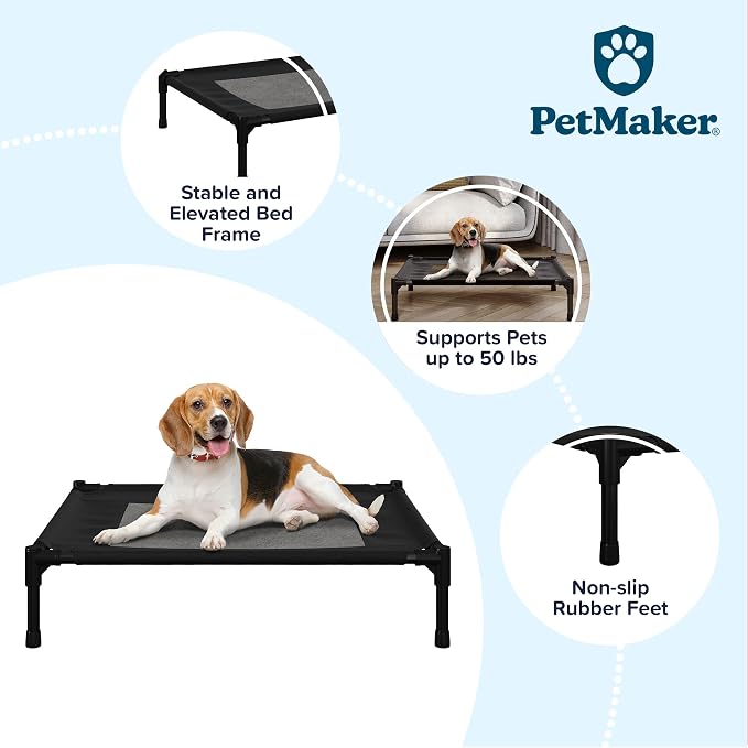 Elevated Dog Bed - 30x24-Inch Portable Pet Bed with Non-Slip Feet - Indoor/Outdoor Dog Cot or Puppy Bed for Pets up to 50lbs by PETMAKER (Black)