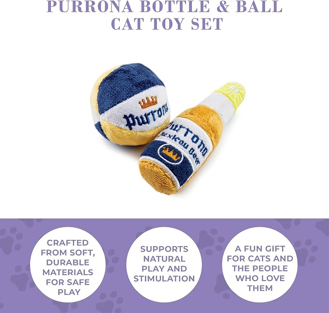 Haute Diggity Kitty Purrrona Beer Bottle + Ball Set, Soft Plush Cat Toys | 2 Pack Catnip Toys with Interactive Crackle Sound, Safe & Durable Cat Nip Kicker Toy for Outdoor & Indoor Cats & Kitten