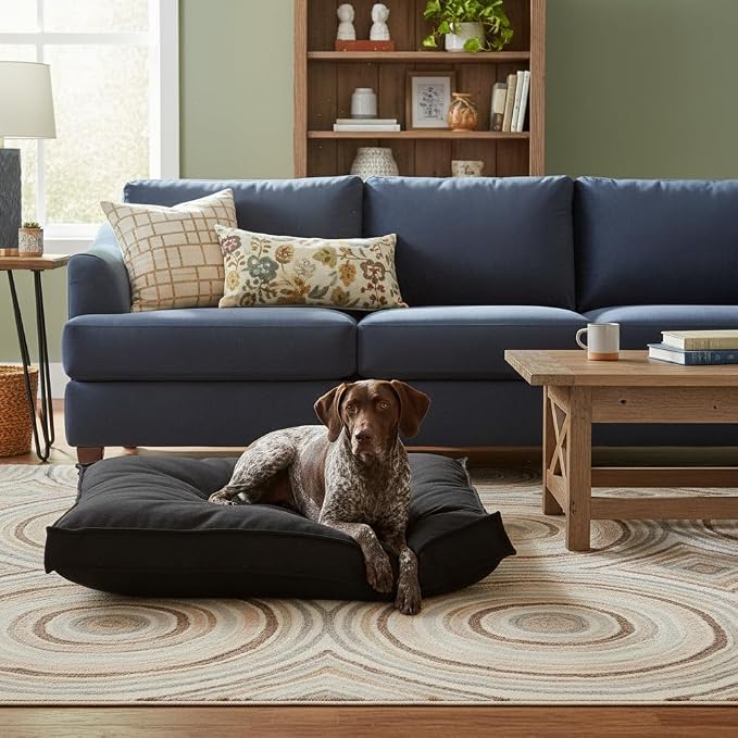 Indoor Dog Bed with Removable Washable Cover, Soft Basketweave Fabric, Reversible Cushion, Carry Handle, Baffle Construction to Help Prevent Fill Shifting, Black - Large (40"x40")