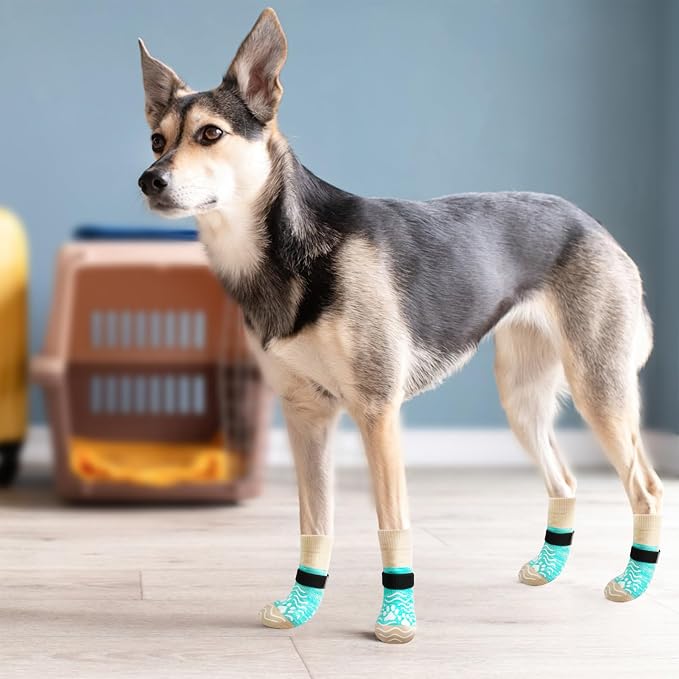 PUPTECK Anti Slip Dog Socks, Shoes with Grippers to Prevent Licking Hardwood Floors Traction, Rubber Boots & Paw Protectors for Small Medium Large Dogs Cold/Hot Pavement, Senior Dogs Booties Green