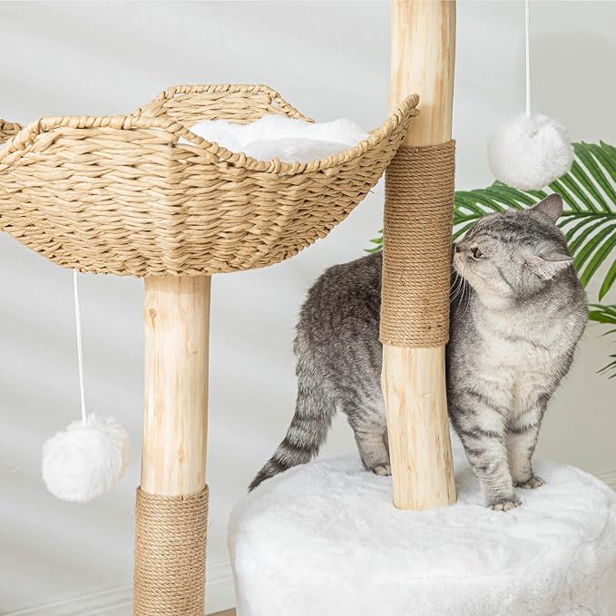 Modern Cat Tree for Indoor Cats Large Adult, 46.5" Tall Wooden Cat Tower for Large Cats with Scratching Post, Luxury Cat Condo, White