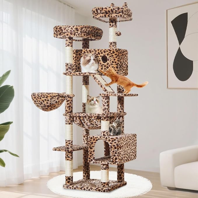 Taoqimiao Cat Tree, 71 in Extra Large Cat Tower for Inddor Cats, MS026LBW | 2 Large Cat Condos, 2 Cute Perches, Metal Frame Cozy Hammock, Durable Scratch Board, 8 Natural Sisal Posts, Basket, Leopard