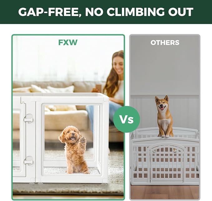 FXW AuraSpace Clear Acrylic Indoor Dog Playpen, 24" H, 6 Panels, White | Open View, Modern Home Fit, No Climbing Bars, Tool-Free Setup, For Puppies & Small Dogs