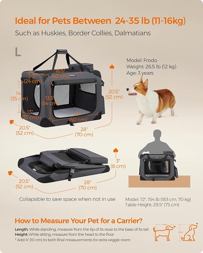 Feandrea Collapsible Soft Dog Crate, Portable Travel, 28 Inches | Dog Carrier Kennel with Safety Zippers for Living Room, Car, Travelling, Gray UPDC70GY