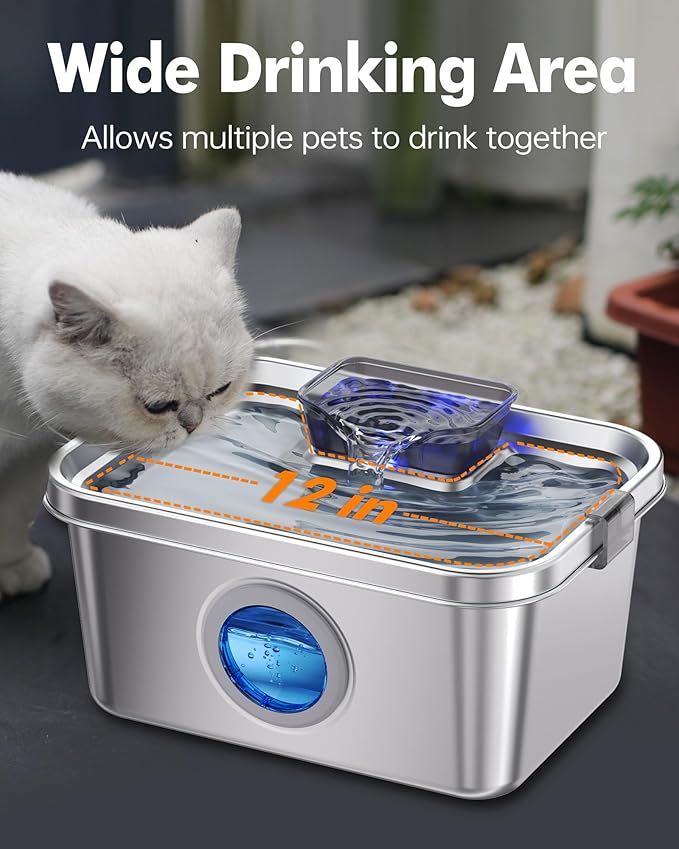 Dog Water Fountain 2 Gal, Stainless Steel Dog Water Fountain for Large Dogs Multi-Cats, Pet Water Fountain with Big Window, Super-Quiet Pump, Indoor Automatic Dog Water Bowl Dispenser Fountain Filters