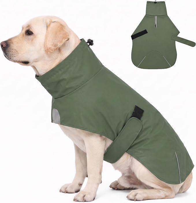 PU Dog Raincoat, Non-Toxic & Odorless Waterproof Vest, Adjustable High Neck and Hook & Loop Belly Closure for Rainy Potty Breaks & Wet Weather Outdoor Walks (Olive Green, XXX-Large)