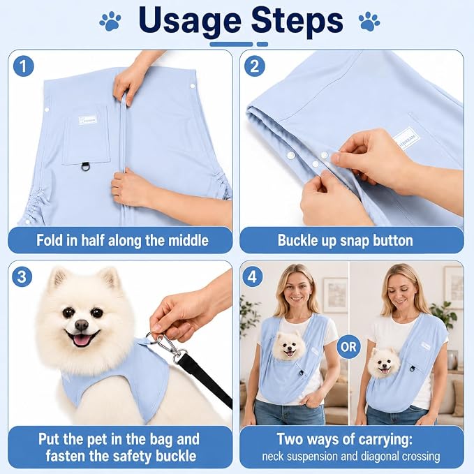Ice Silk Dog Sling Carrier, Adjustable Safety Strap | Breathable & lightweight, fits pets up to 10 lbs,Secure buckle closure, hands-free design,Great for daily walks & travel,Blue