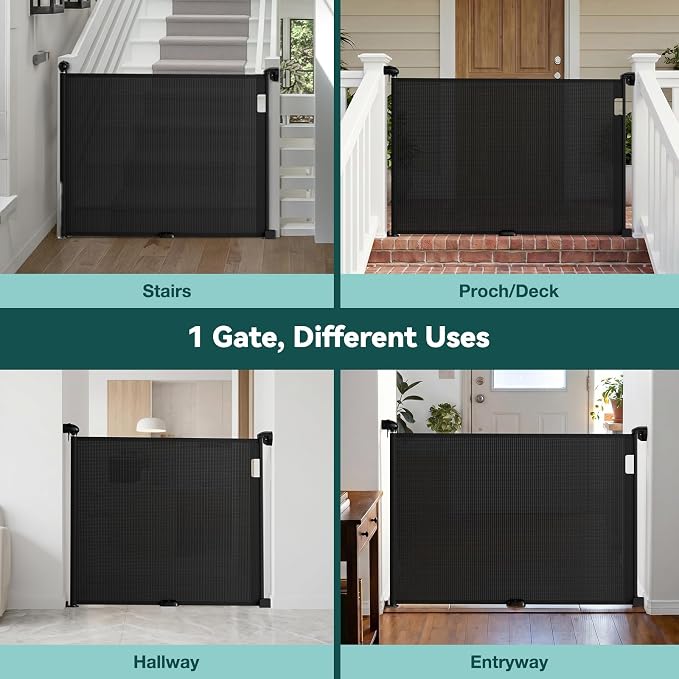 Babepai Retractable Baby Gates for Stairs, Retractable Dog Gate for Indoor/Outdoor Use | Child Gates for Doorways, Deck, Porch, Hallways, Patio (Black, 55" Wide 34" Height)