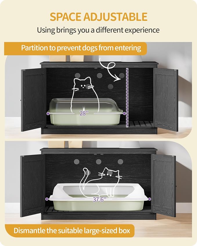 Hzuaneri Cat Litter Box Enclosure, Hidden Litter Box Furniture with Divider | Wooden Cat Cabinet with Removable Dividers, Reversible Entrance Left or Right Side, Cat Washroom, Black CB84704X