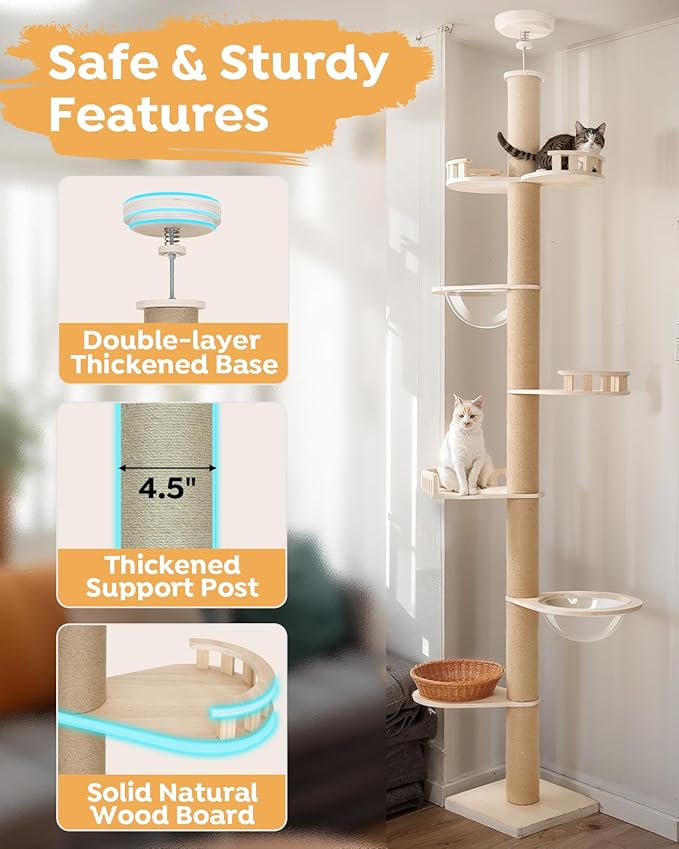 Veehoo Floor to Ceiling Cat Tree,106-123" Adjustable Tall Tension Cat Tower | 4.5" Sturdy Thickened Scratching Posts, Space-Saving, 7 Tier Climbing Pole, No Drilling, Corner Tree for Indoor Cat, Wood