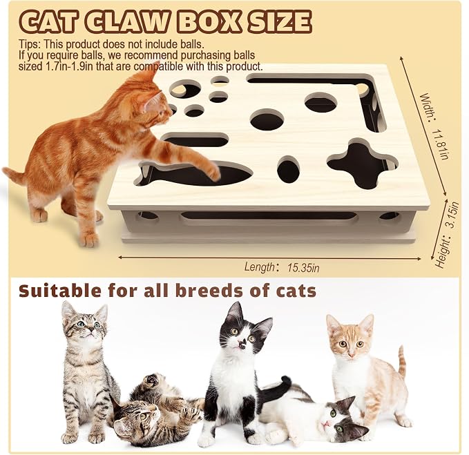 Cat Scratch Puzzle Enrichment Box, Large Solid Wood with Sandpaper Inside | Cat Nail File Enrichment Box with Sandpaper Inside, Cat Nail File Box Stress Free Alternative to Clippers and Grinders
